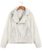 Romwe Oblique Zipper Pockets Crop White Coat