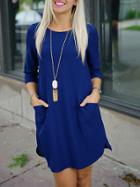 Romwe Blue Twin Pocket Half Sleeve Dress