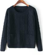 Romwe Cable Knit Pockets Black Sweater
