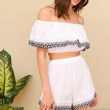 Romwe Embroidered Flounce Foldover Top And Shorts Set