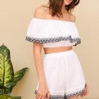 Romwe Embroidered Flounce Foldover Top And Shorts Set