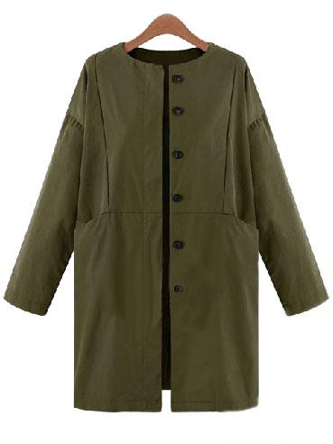 Romwe Round Neck Buttons Pockets Army Green Coat