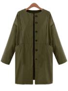 Romwe Round Neck Buttons Pockets Army Green Coat