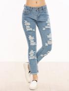 Romwe Blue Ripped Cuffed Jeans