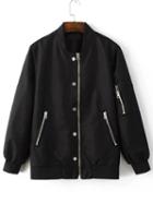 Romwe Black Stand Collar Bomber Jacket With Zipper
