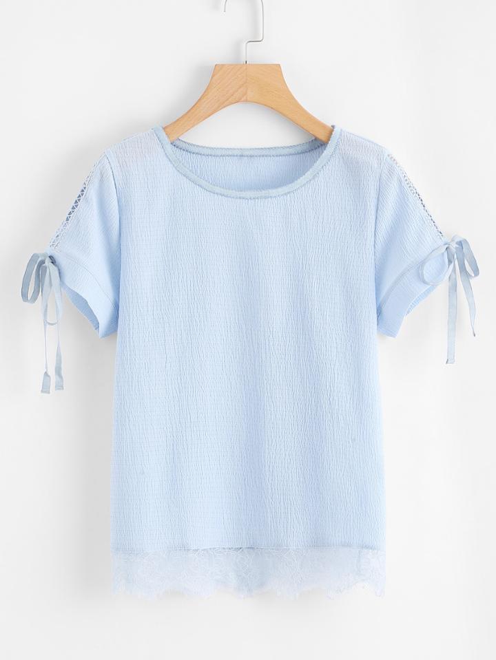Romwe Tie Sleeve Lace Hem Top