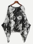 Romwe Black Random Floral Loose Chiffon Top