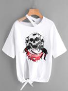 Romwe Cut Out Neck Graphic Print Knot Front Tee