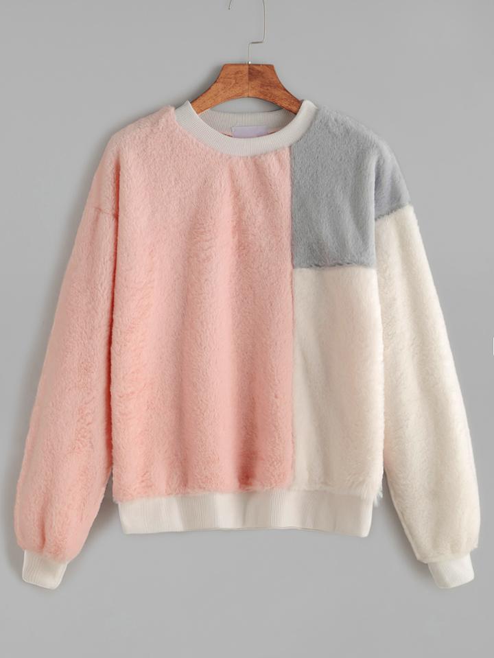 Romwe Pink Contrast Dropped Shoulder Seam Fuzzy Sweatshirt