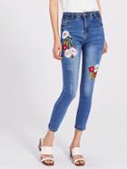 Romwe Embroidered Bleach Wash Skinny Jeans