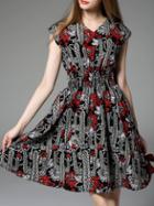 Romwe Multicolor V Neck Elastic-waist Print Dress