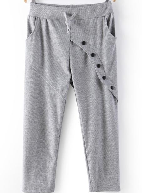 Romwe Drawstring Waist Buttons Crop Dark Grey Pant
