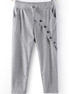 Romwe Drawstring Waist Buttons Crop Dark Grey Pant