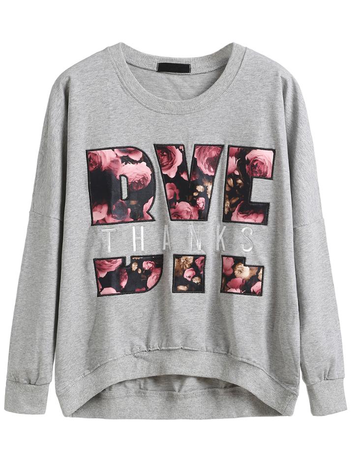 Romwe Heather Grey Drop Shoulder Dip Hem Letter Embroidered Sweatshirt