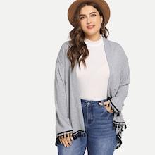 Romwe Plus Drop Shoulder Fringe Detail Coat