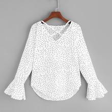 Romwe Polka Dot Flounce Sleeve Criss Cross Blouse