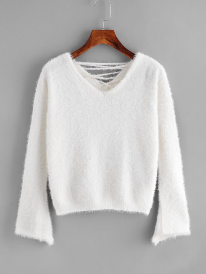 Romwe Double V Lace Up Back Fluffy Jumper