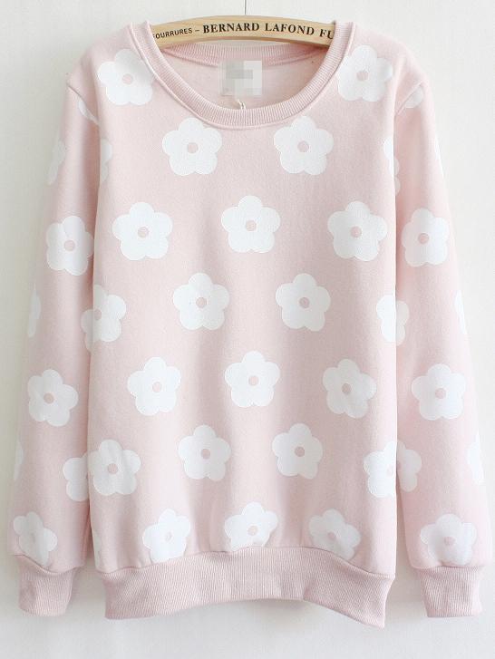 Romwe Flower Print Thicken Pink Sweatshirt