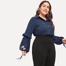 Romwe Plus Floral Embroidered Bishop Sleeve Blouse