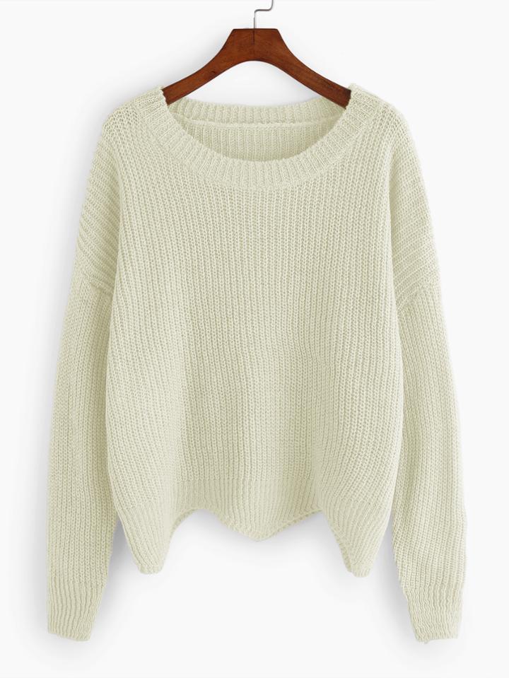 Romwe Beige Dropped Shoulder Seam Wave Hem Sweater