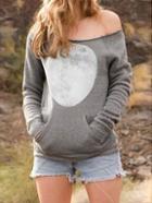 Romwe Crew Neck Moon Print Grey Sweatshirt