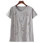 Romwe Light Grey Bird Embroidery Casual T-shirt