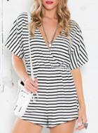 Romwe Deep V Neck Striped Romper