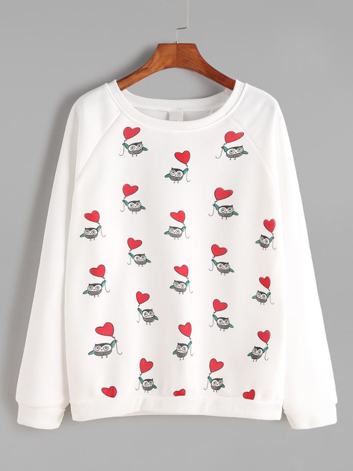 Romwe White Cartoon Owl Print Raglan Sleeve Sweatshirt
