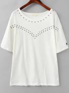 Romwe With Rivet Embroidered White T-shirt