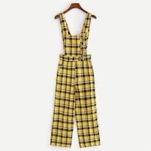 Romwe Plaid Print Ruffle Trim Button Detail Jumpsuits