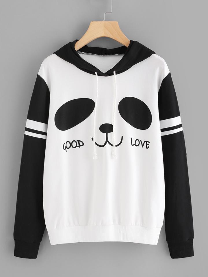 Romwe Panda Print Varsity Striped Hoodie