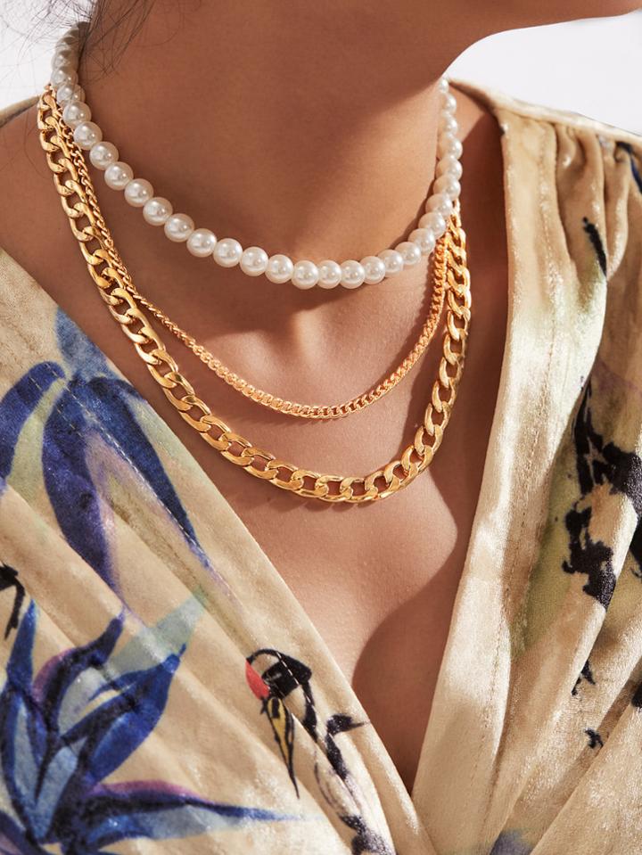 Romwe Faux Pearl & Chain Design Layered Necklace