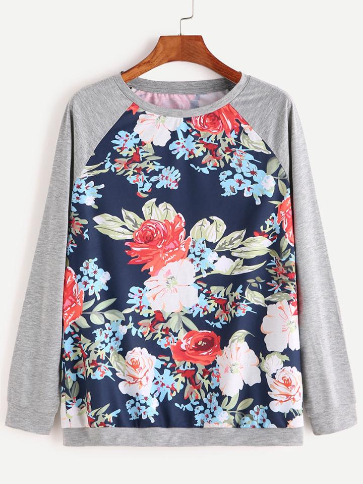 Romwe Multicolor Floral Print Raglan Sleeve Sweatshirt