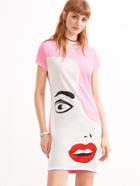 Romwe Pink Color Block Abstract Print Tee Dress