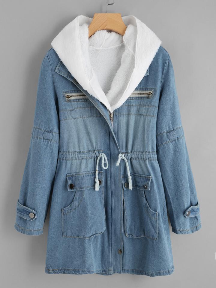 Romwe Faux Fer Lined Drawstring Waist Denim Coat