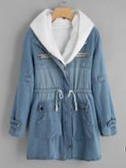 Romwe Faux Fer Lined Drawstring Waist Denim Coat