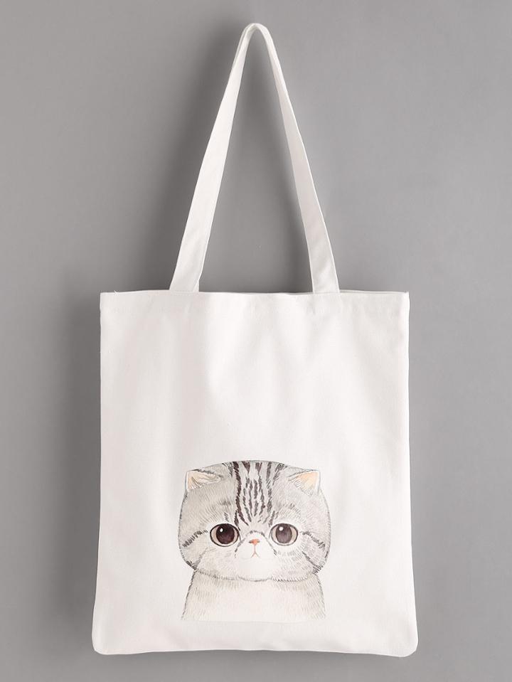 Romwe Cat Print Linen Tote Bag
