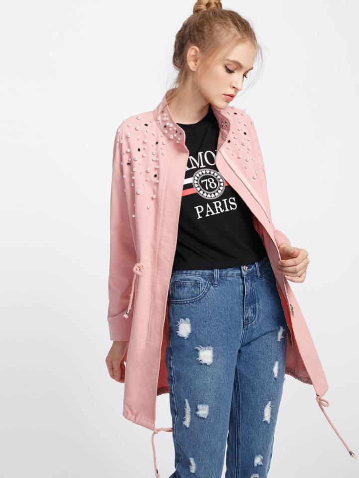 Romwe Pearl Embellished Drawstring Waist Coat