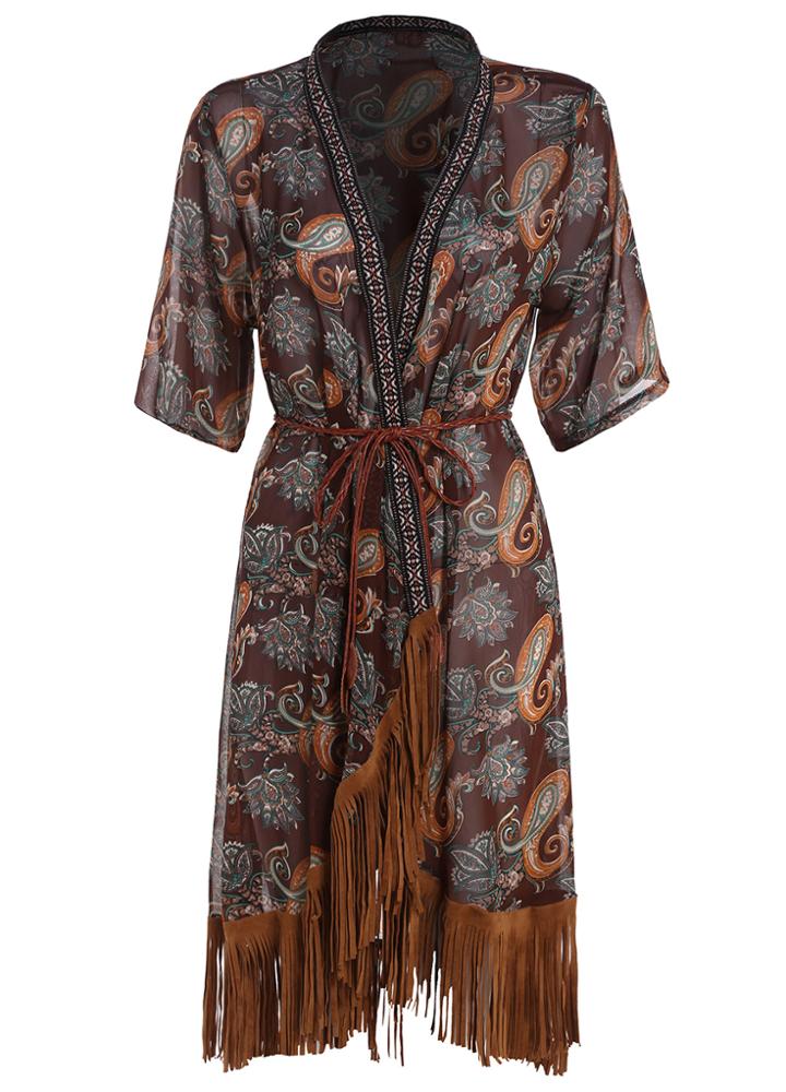 Romwe Deep V Neck Paisley Print With Tassel Chiffon Top