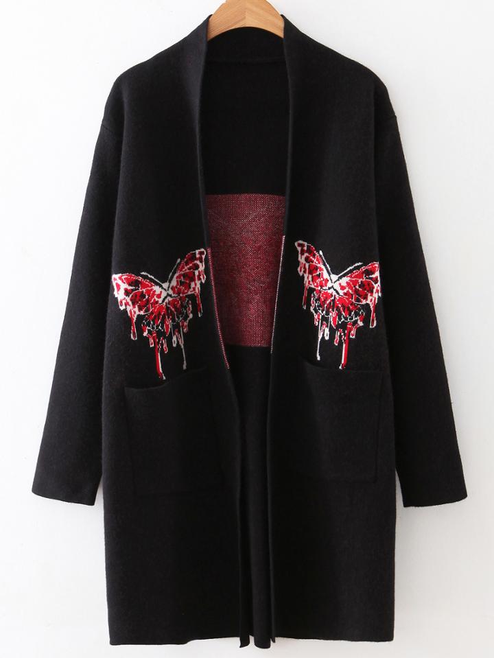 Romwe Black Butterfly Pattern Pocket Sweater Coat