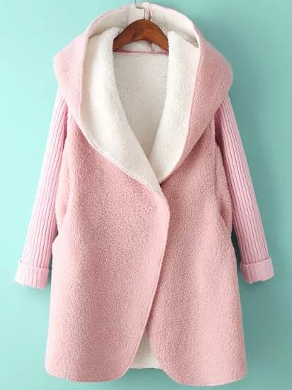 Romwe Hooded Covered Button Dolman Pink Coat