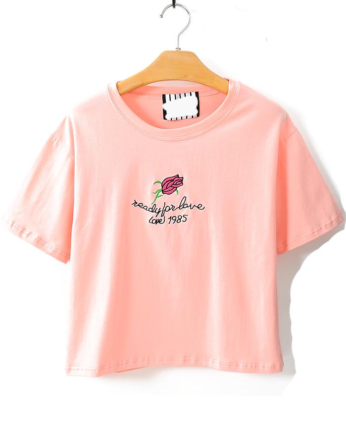 Romwe Rose Embroidered Loose Pink T-shirt