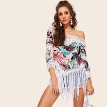 Romwe Crochet Insert Fringe Hem Tropical Cover Up