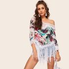 Romwe Crochet Insert Fringe Hem Tropical Cover Up