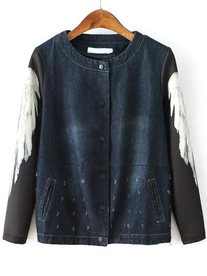 Romwe Wing Print Buttons Zipper Denim Jacket