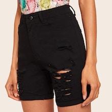 Romwe Distressed Cuffed Hem Cycling Without Chain Denim Shorts