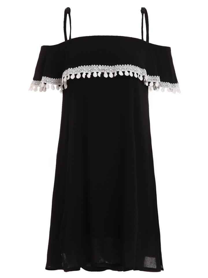 Romwe Pom Pom Trimmed Cold Shoulder Dress