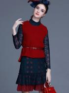 Romwe Red Round Neck Long Sleeve Drawstring Two Pieces Dress