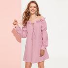 Romwe Lace Up Plunging Gingham Frilled Bardot Dress