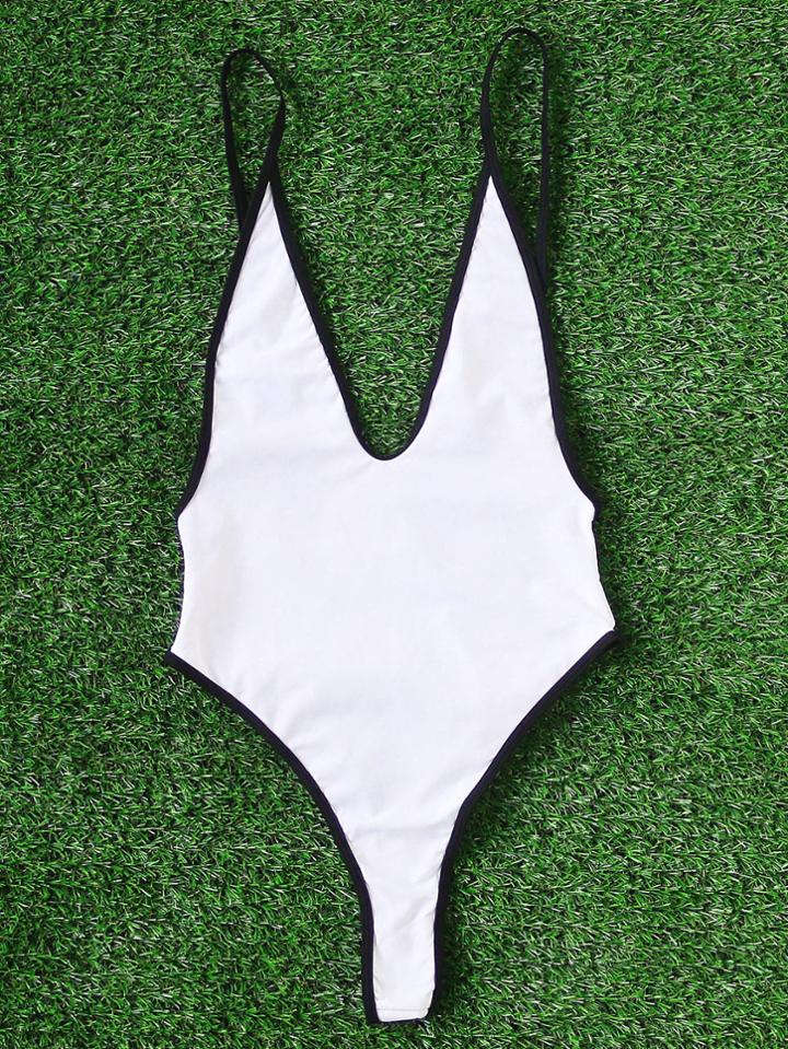 Romwe Contrast Trim Plunging Neck Monokini